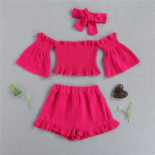 3-Piece Baby Girl Off-Shoulder Summer Outfit Set – Top, Shorts &