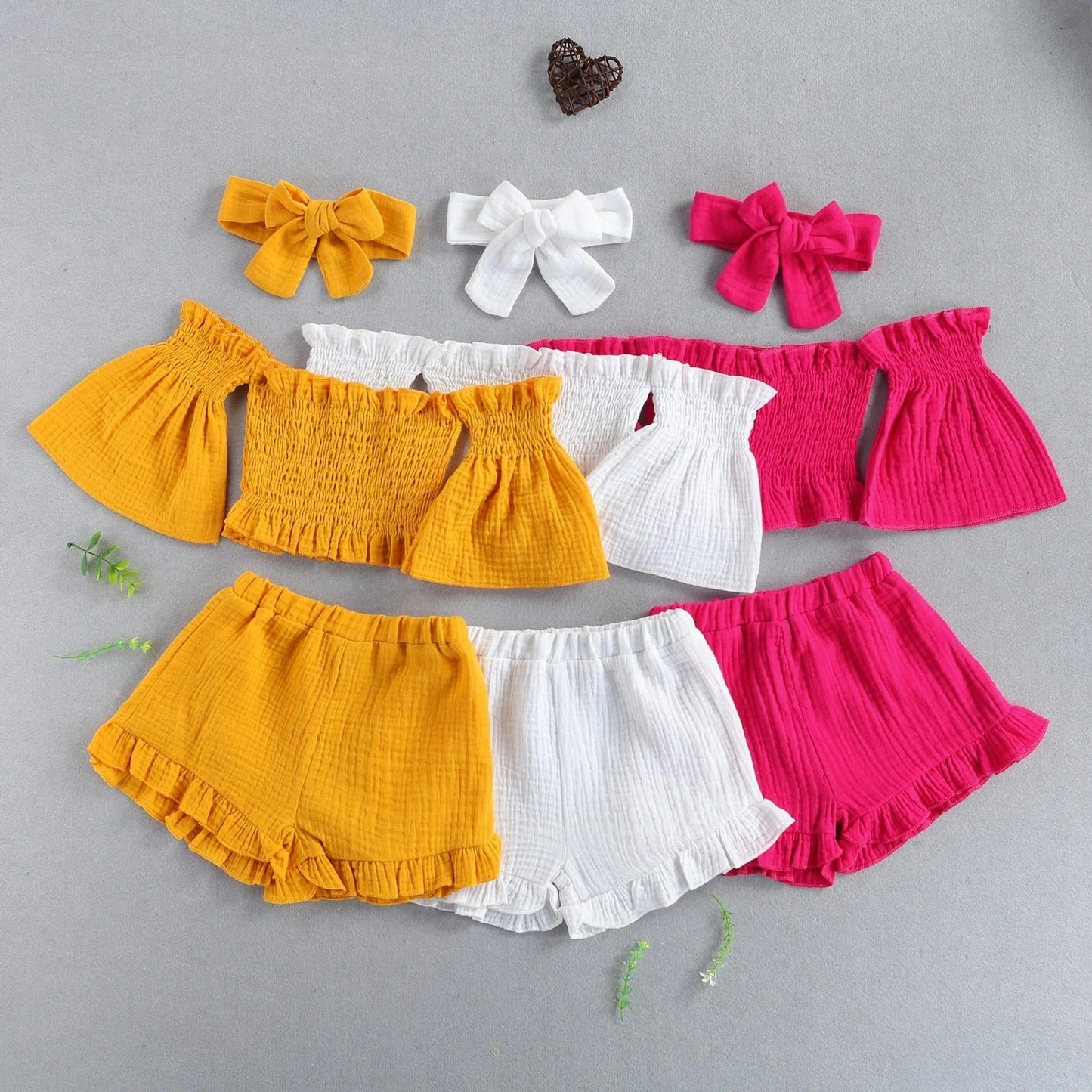 3-Piece Baby Girl Off-Shoulder Summer Outfit Set – Top, Shorts &
