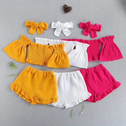 3-Piece Baby Girl Off-Shoulder Summer Outfit Set – Top, Shorts &
