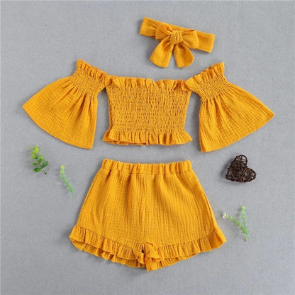 3-Piece Baby Girl Off-Shoulder Summer Outfit Set – Top, Shorts &