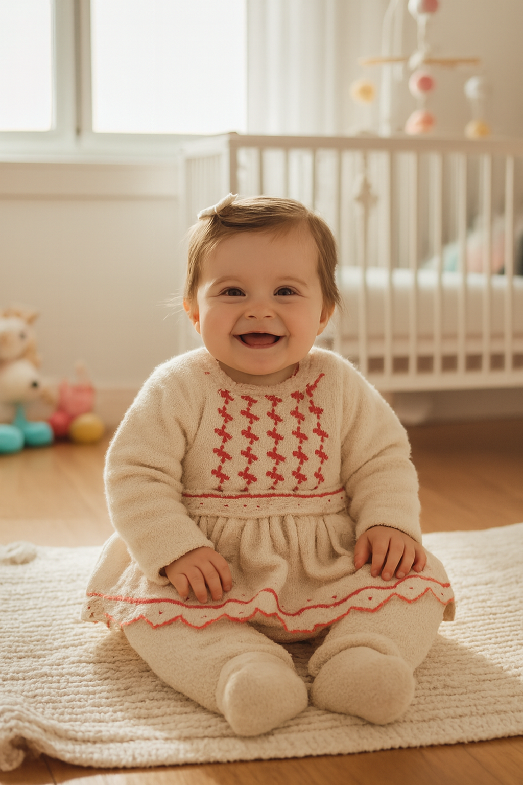 Pink Knitted Baby Outfit with Yellow Pattern