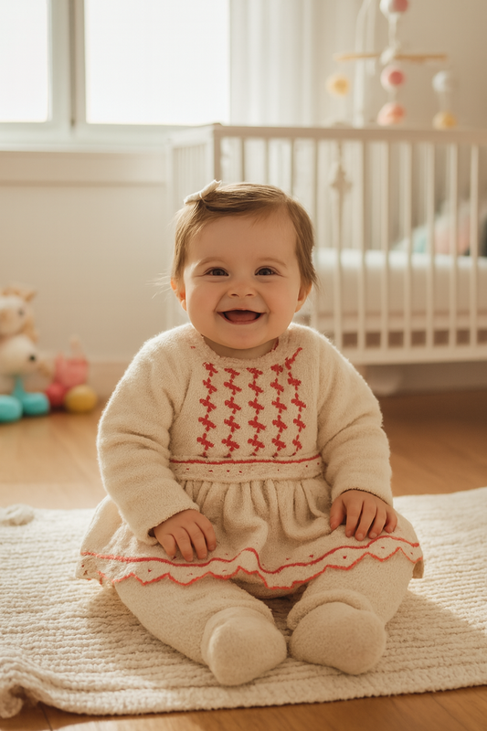 Pink Knitted Baby Outfit with Yellow Pattern