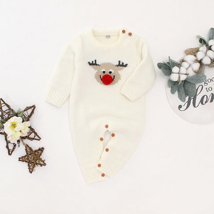 Baby Christmas Elk Pattern Solid Color Knitted Sweater Rompers