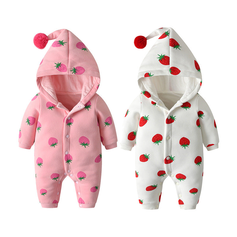 Baby Girl Strawberries Pattern Button Front Double Quilted Romper With