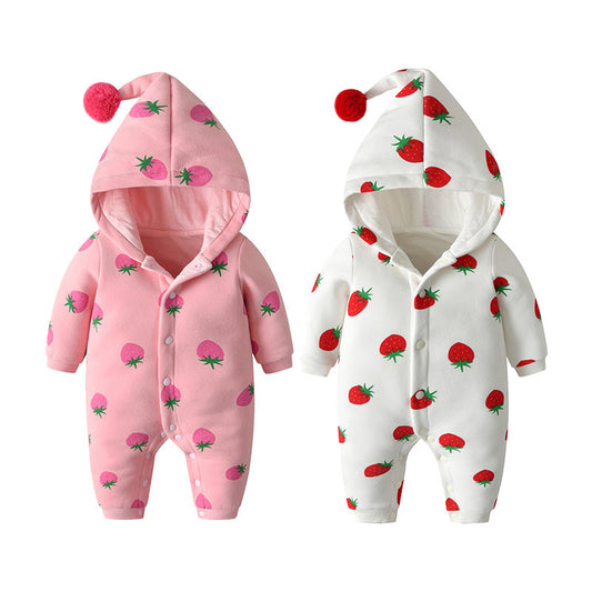 Baby Girl Strawberries Pattern Button Front Double Quilted Romper With