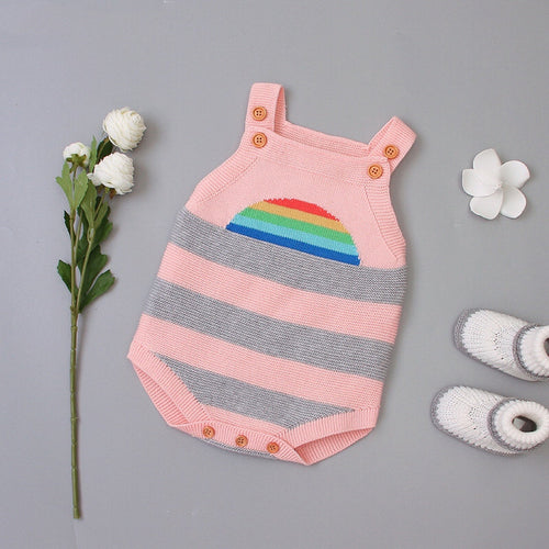Baby Girl 1pcs Striped & Rainbow Graphic Knitted Onesies Bodysuit