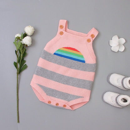 Baby Girl 1pcs Striped & Rainbow Graphic Knitted Onesies Bodysuit