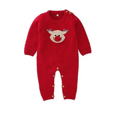 Baby Christmas Elk Pattern Solid Color Knitted Sweater Rompers