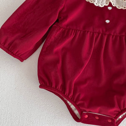Christmas Baby Girl Laces Round Collars Long Sleeve One Piece In