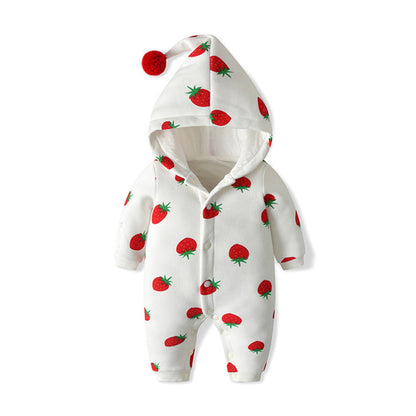 Baby Girl Strawberries Pattern Button Front Double Quilted Romper With