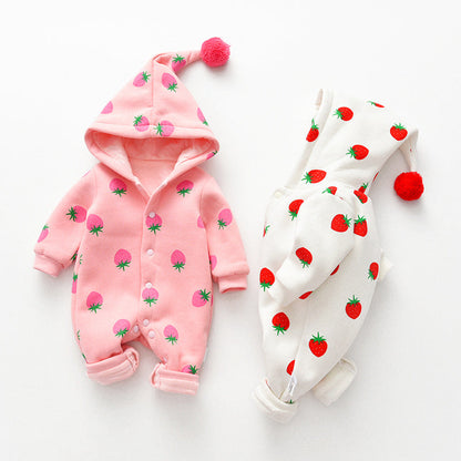 Baby Girl Strawberries Pattern Button Front Double Quilted Romper With