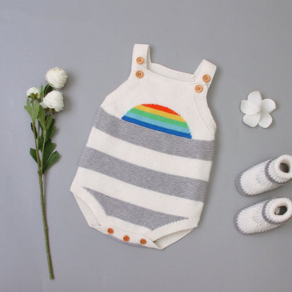 Baby Girl 1pcs Striped & Rainbow Graphic Knitted Onesies Bodysuit