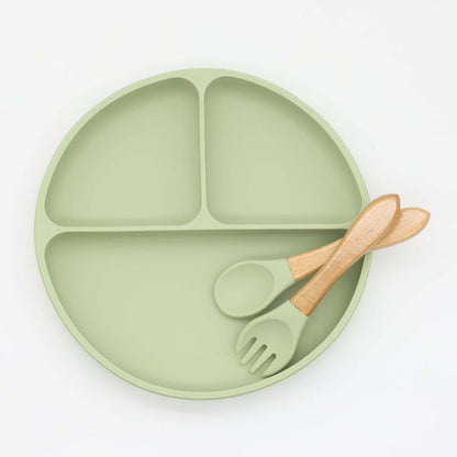 Baby Silicone Round Sucker Compartment Dinner Plate With Spoon Fork