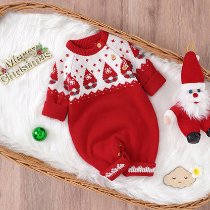Baby Christmas Embroidered Graphic Side Button Design Knit Long Style
