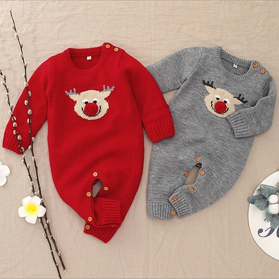 Baby Christmas Elk Pattern Solid Color Knitted Sweater Rompers