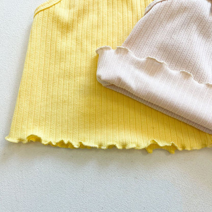 Baby Girl Ribbed Knit Lettuce Trim Design Sling Tops & Shorts Sets Paj