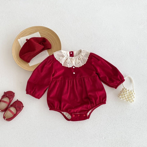 Christmas Baby Girl Laces Round Collars Long Sleeve One Piece In