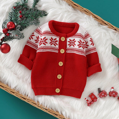 Baby Christmas Style Print Pattern Single Breasted Design Knit Cardiga