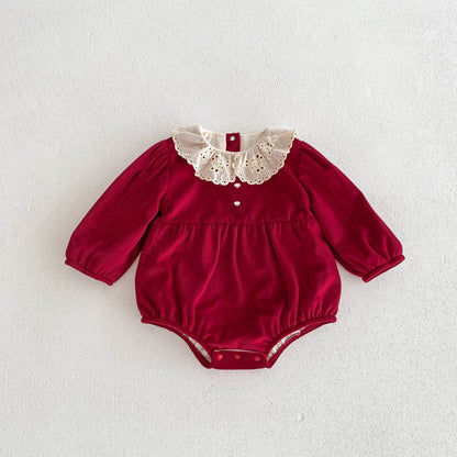 Christmas Baby Girl Laces Round Collars Long Sleeve One Piece In
