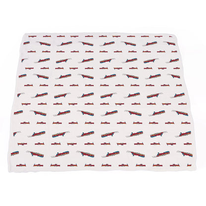 Vintage Steam Trains and Blue Stripe Bamboo Muslin Newcastle Blanket